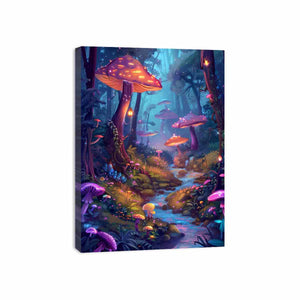 Moonlit fantasy mushroom forest with glowing stream for dreamy bedroom wall art.