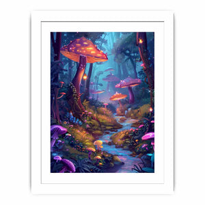 Moonlit fantasy mushroom forest with glowing stream for dreamy bedroom wall art.