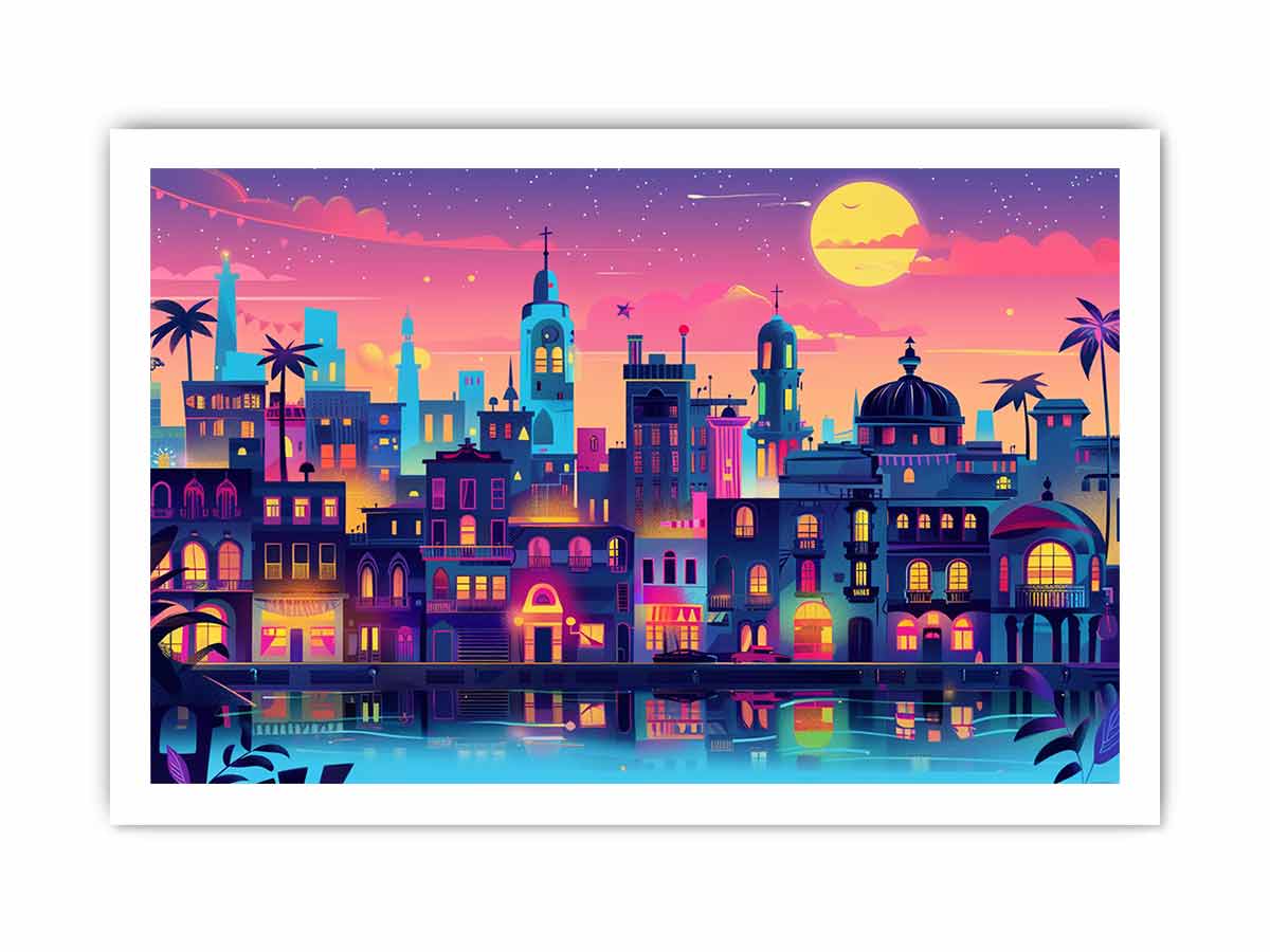 Colorful neon harbor cityscape with moonlit waterfront for modern living room decor.