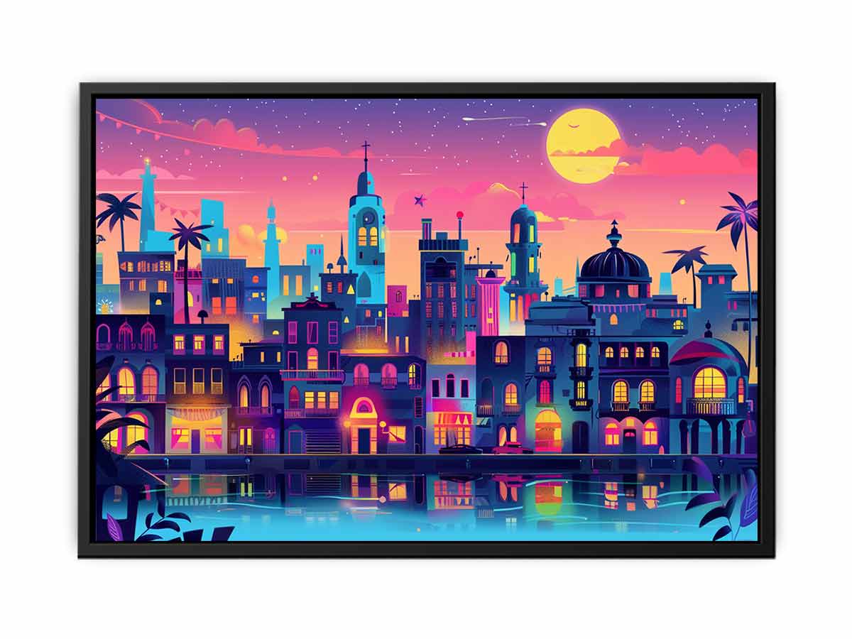 Colorful neon harbor cityscape with moonlit waterfront for modern living room decor.