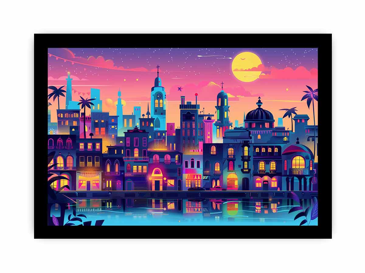 Colorful neon harbor cityscape with moonlit waterfront for modern living room decor.
