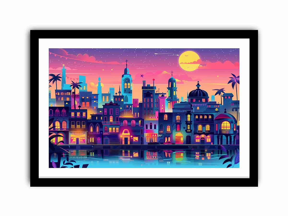 Colorful neon harbor cityscape with moonlit waterfront for modern living room decor.