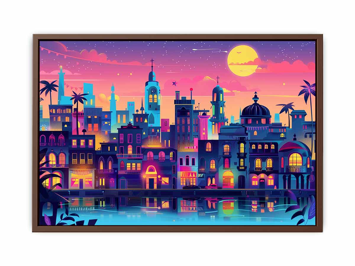 Colorful neon harbor cityscape with moonlit waterfront for modern living room decor.
