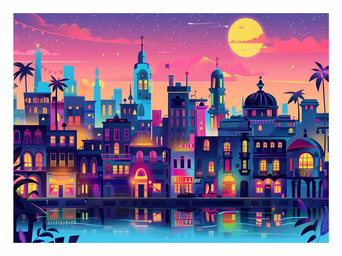 Colorful neon harbor cityscape with moonlit waterfront for modern living room decor.