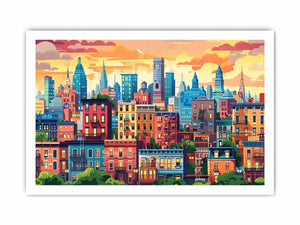 Warm illustrated city skyline with colorful buildings for modern office or living room decor.