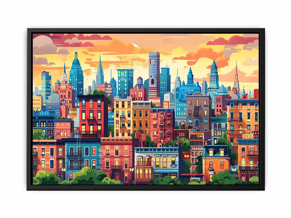 Warm illustrated city skyline with colorful buildings for modern office or living room decor.