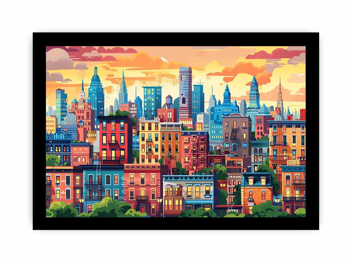 Warm illustrated city skyline with colorful buildings for modern office or living room decor.