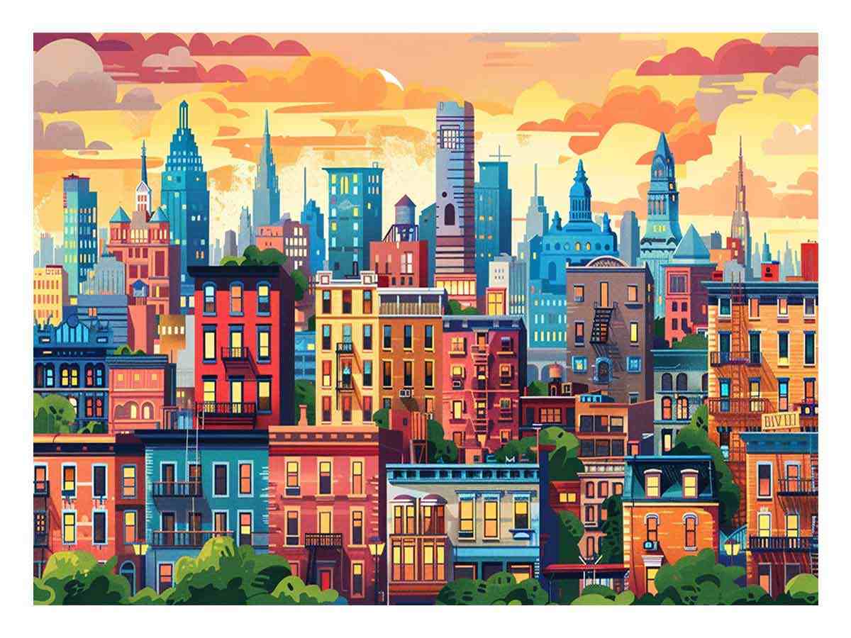 Warm illustrated city skyline with colorful buildings for modern office or living room decor.
