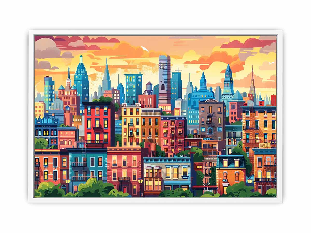 Warm illustrated city skyline with colorful buildings for modern office or living room decor.