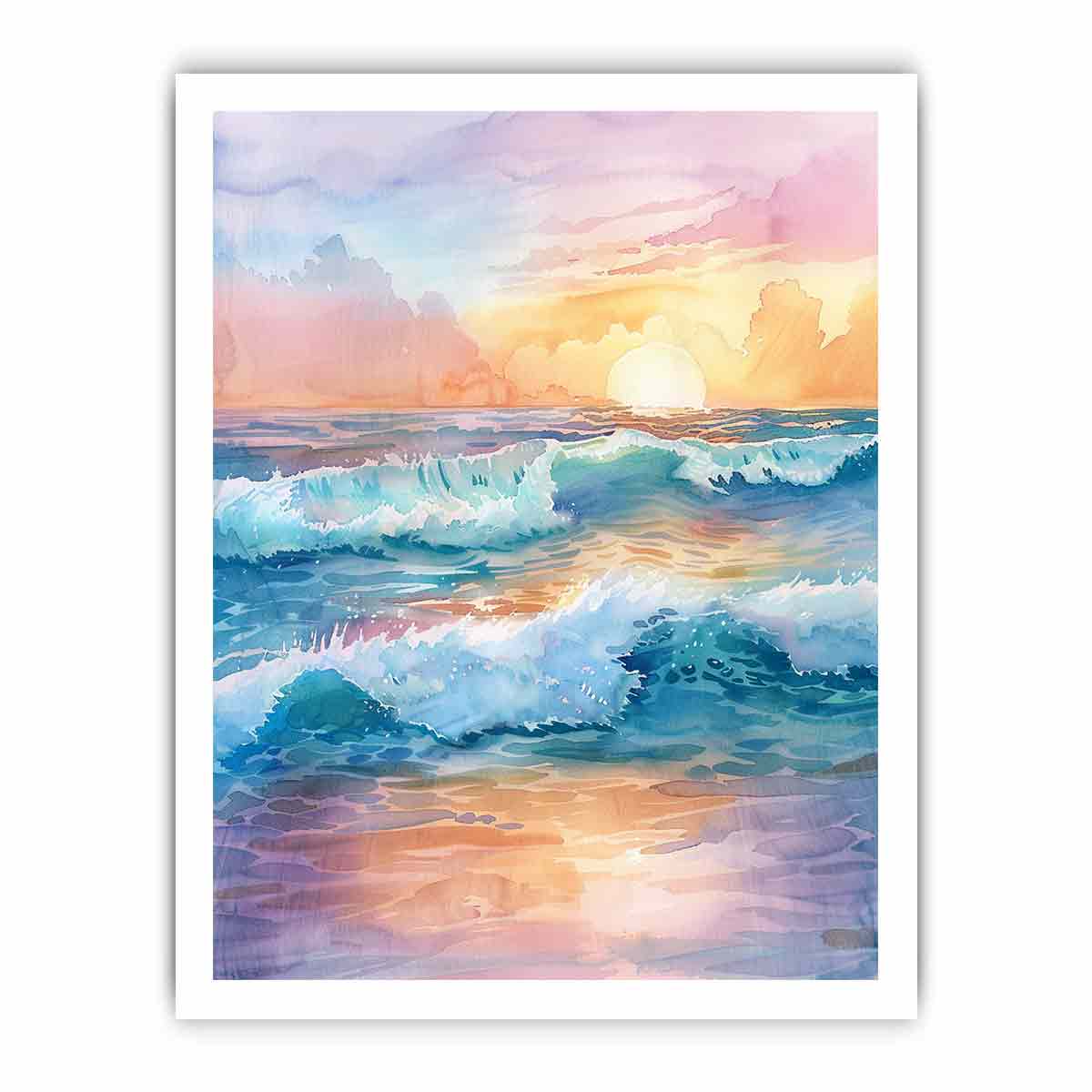 Pastel watercolor ocean waves at sunrise for calming coastal bedroom wall art.