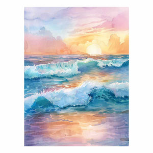 Pastel watercolor ocean waves at sunrise for calming coastal bedroom wall art.