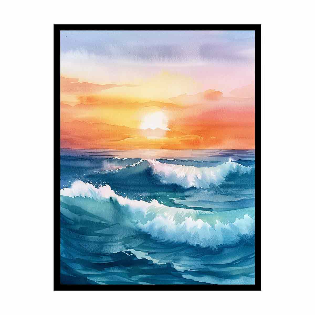 Watercolor ocean sunrise with deep blue waves for elegant coastal living room decor.