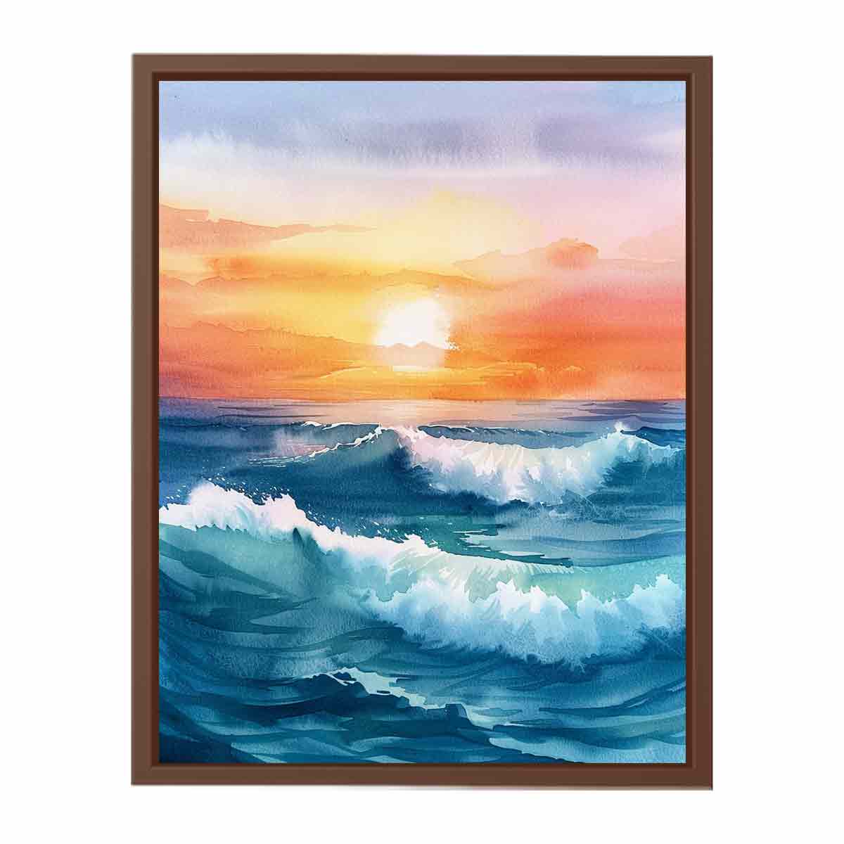 Watercolor ocean sunrise with deep blue waves for elegant coastal living room decor.