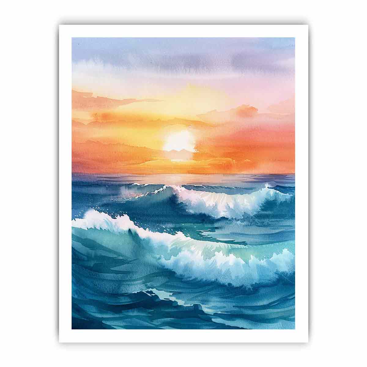 Watercolor ocean sunrise with deep blue waves for elegant coastal living room decor.