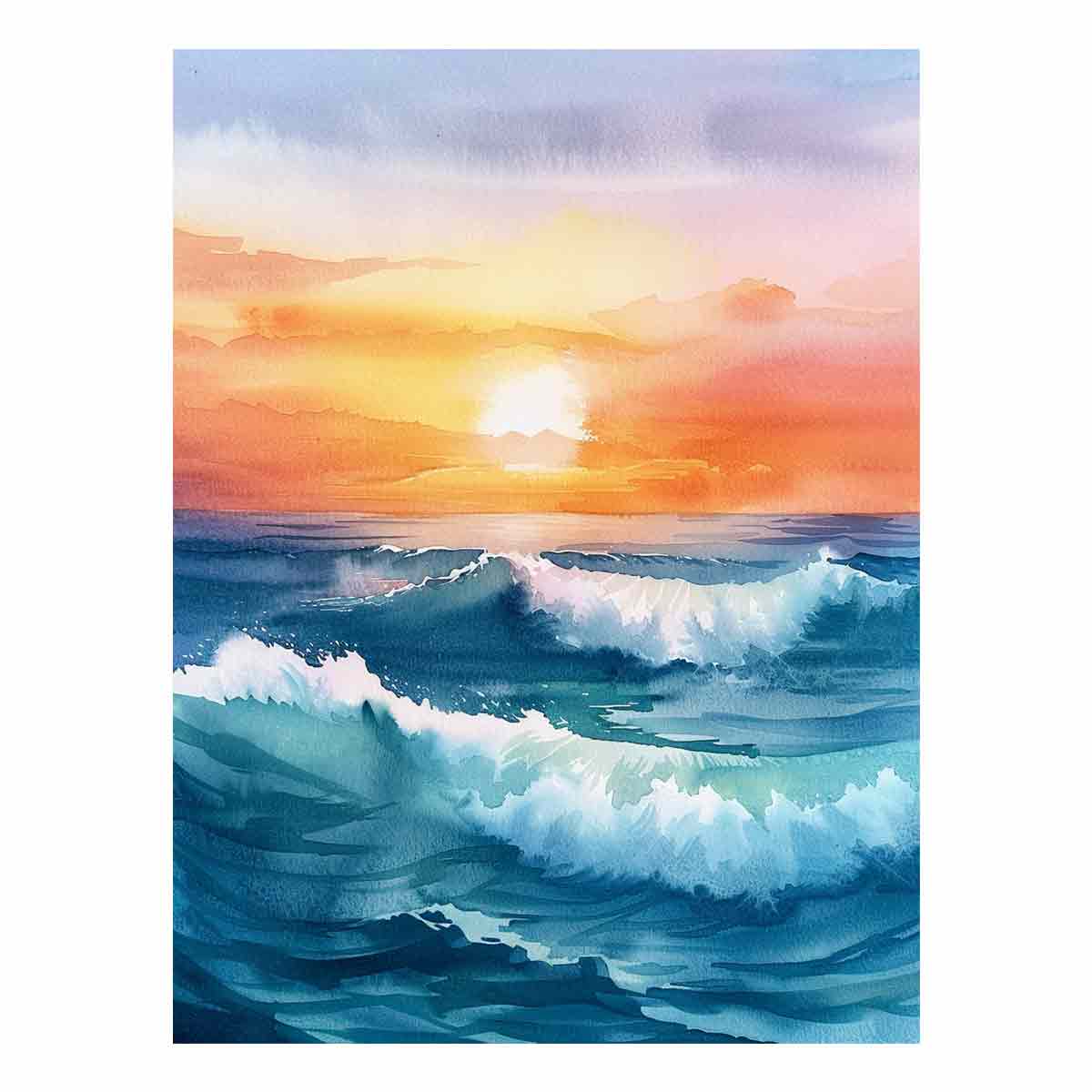 Watercolor ocean sunrise with deep blue waves for elegant coastal living room decor.