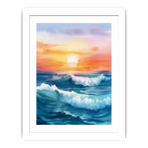 Watercolor ocean sunrise with deep blue waves for elegant coastal living room decor.