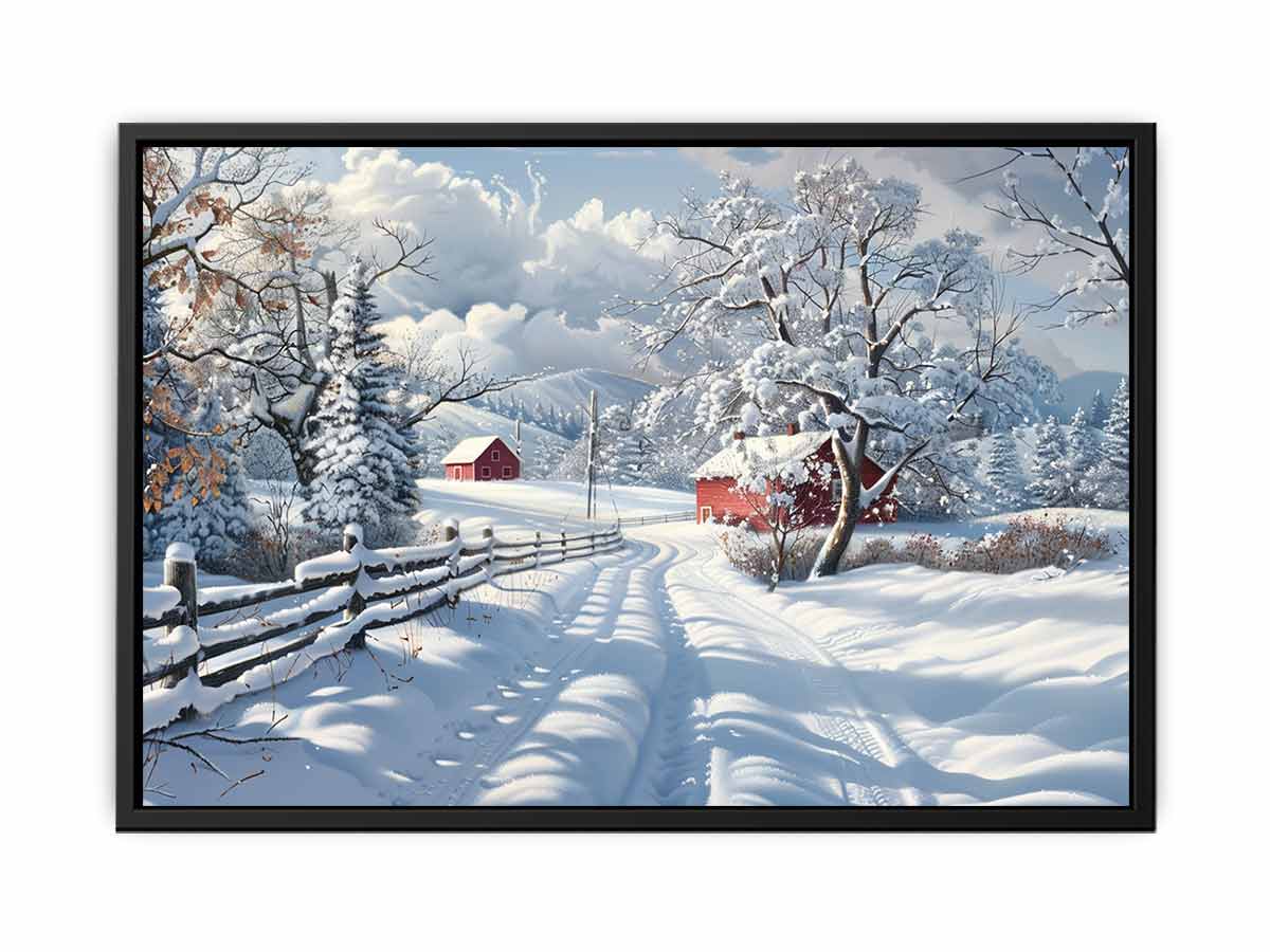 Snowy country road with red barns for rustic farmhouse winter wall art.
