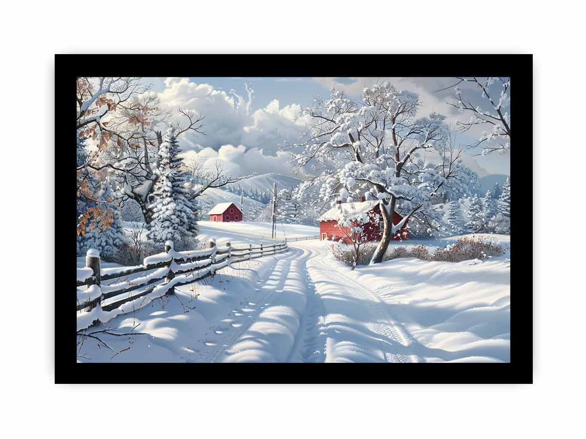 Snowy country road with red barns for rustic farmhouse winter wall art.