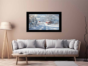 Snowy country road with red barns for rustic farmhouse winter wall art.