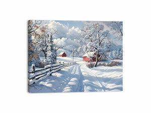 Snowy country road with red barns for rustic farmhouse winter wall art.