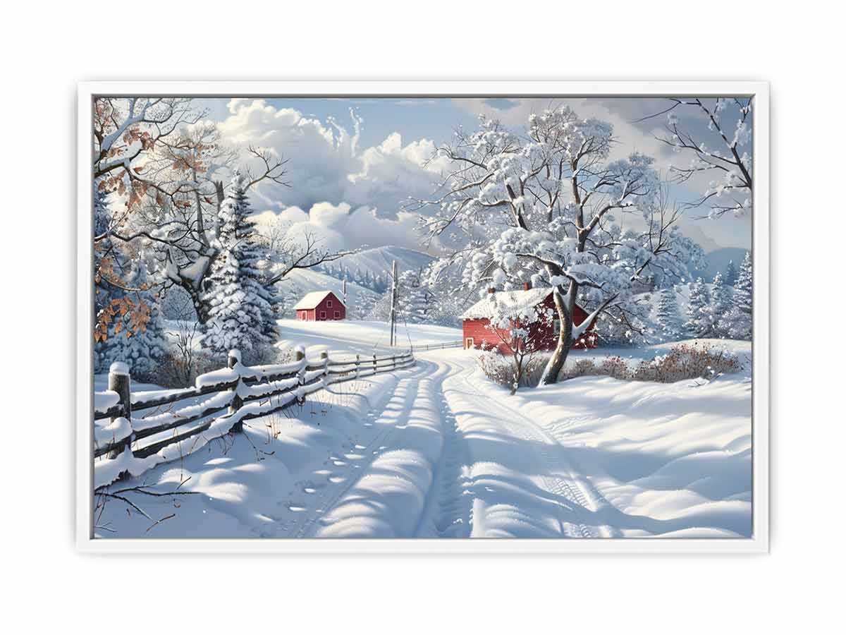 Snowy country road with red barns for rustic farmhouse winter wall art.