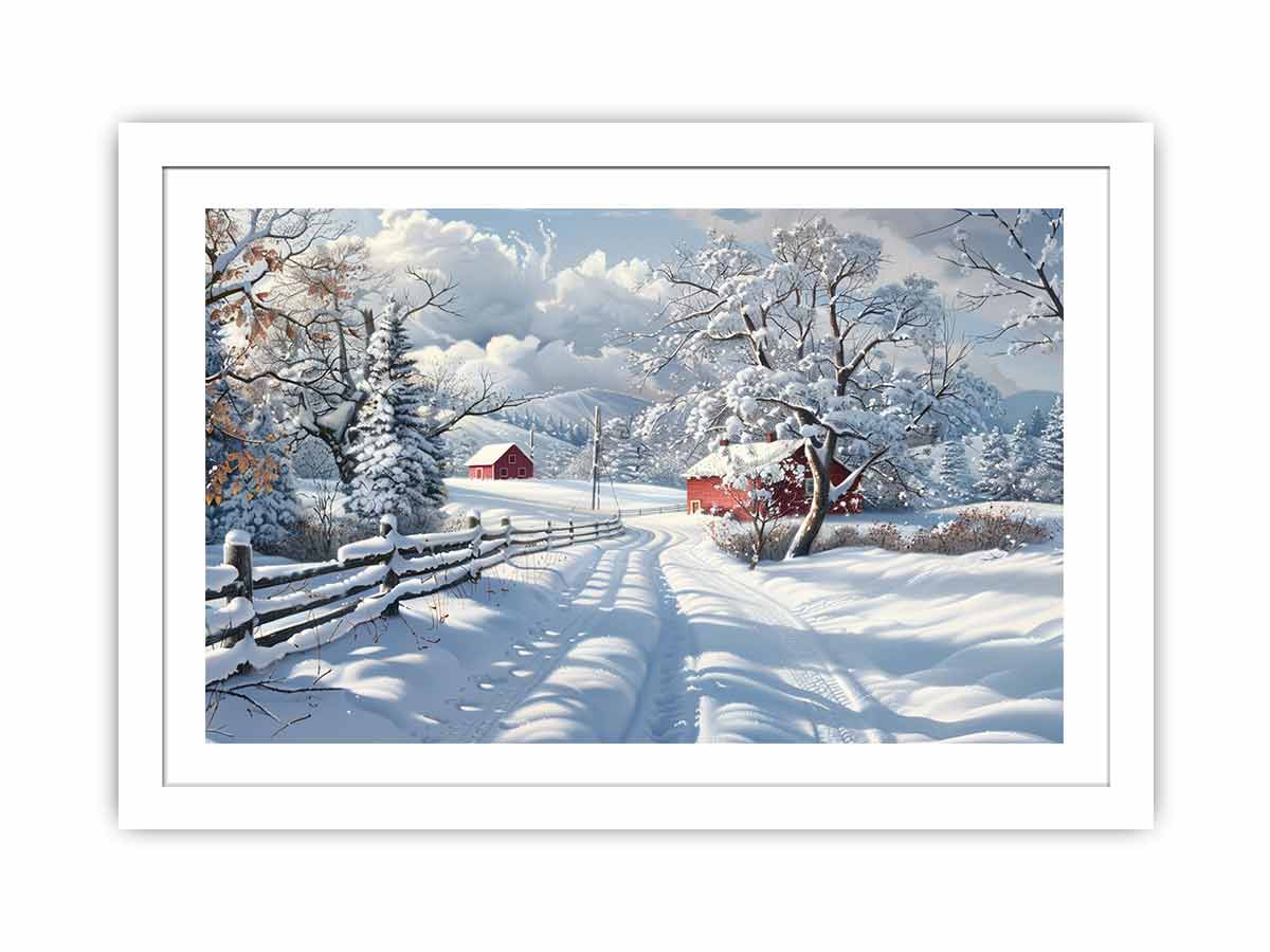 Snowy country road with red barns for rustic farmhouse winter wall art.