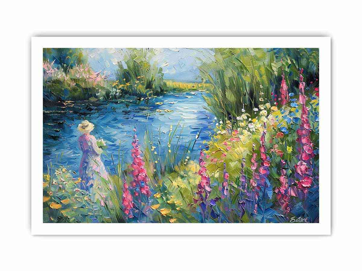 Impressionist garden lake with pink flowers and figure for elegant bedroom decor.
