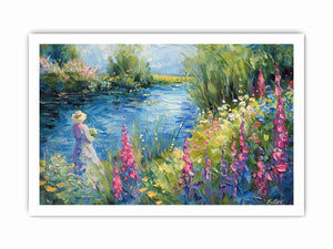 Impressionist garden lake with pink flowers and figure for elegant bedroom decor.