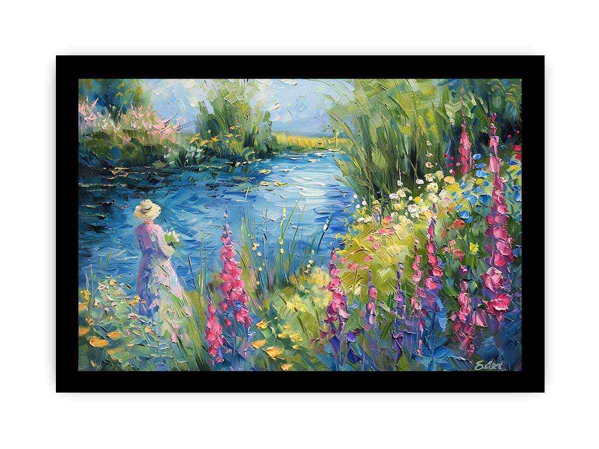 Impressionist garden lake with pink flowers and figure for elegant bedroom decor.