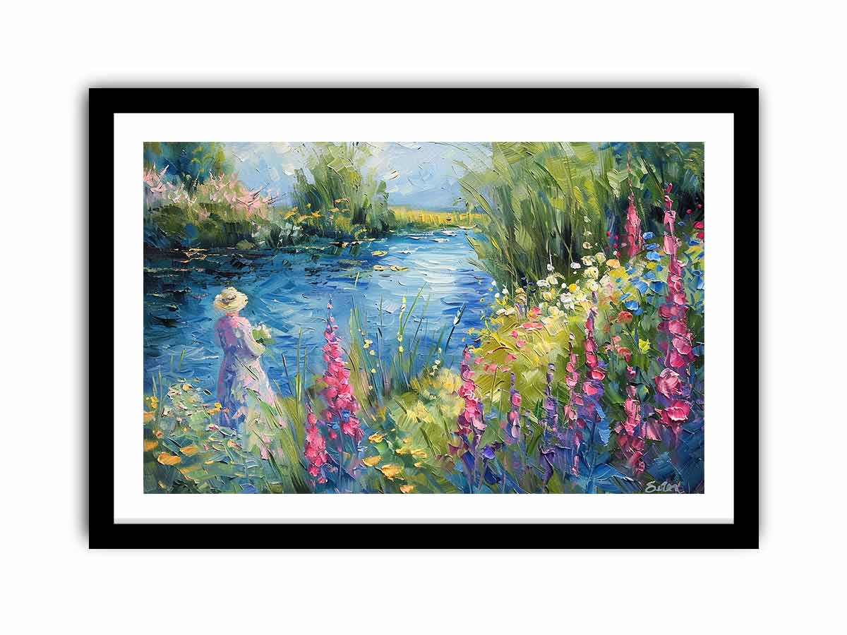 Impressionist garden lake with pink flowers and figure for elegant bedroom decor.