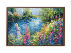 Impressionist garden lake with pink flowers and figure for elegant bedroom decor.