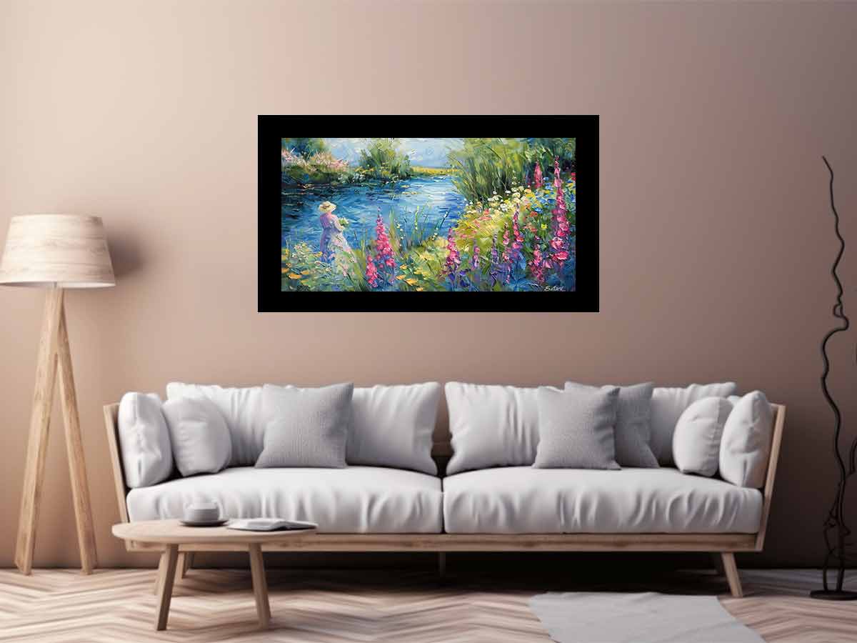 Impressionist garden lake with pink flowers and figure for elegant bedroom decor.