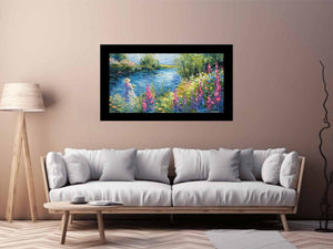 Impressionist garden lake with pink flowers and figure for elegant bedroom decor.