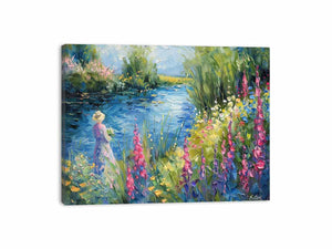 Impressionist garden lake with pink flowers and figure for elegant bedroom decor.