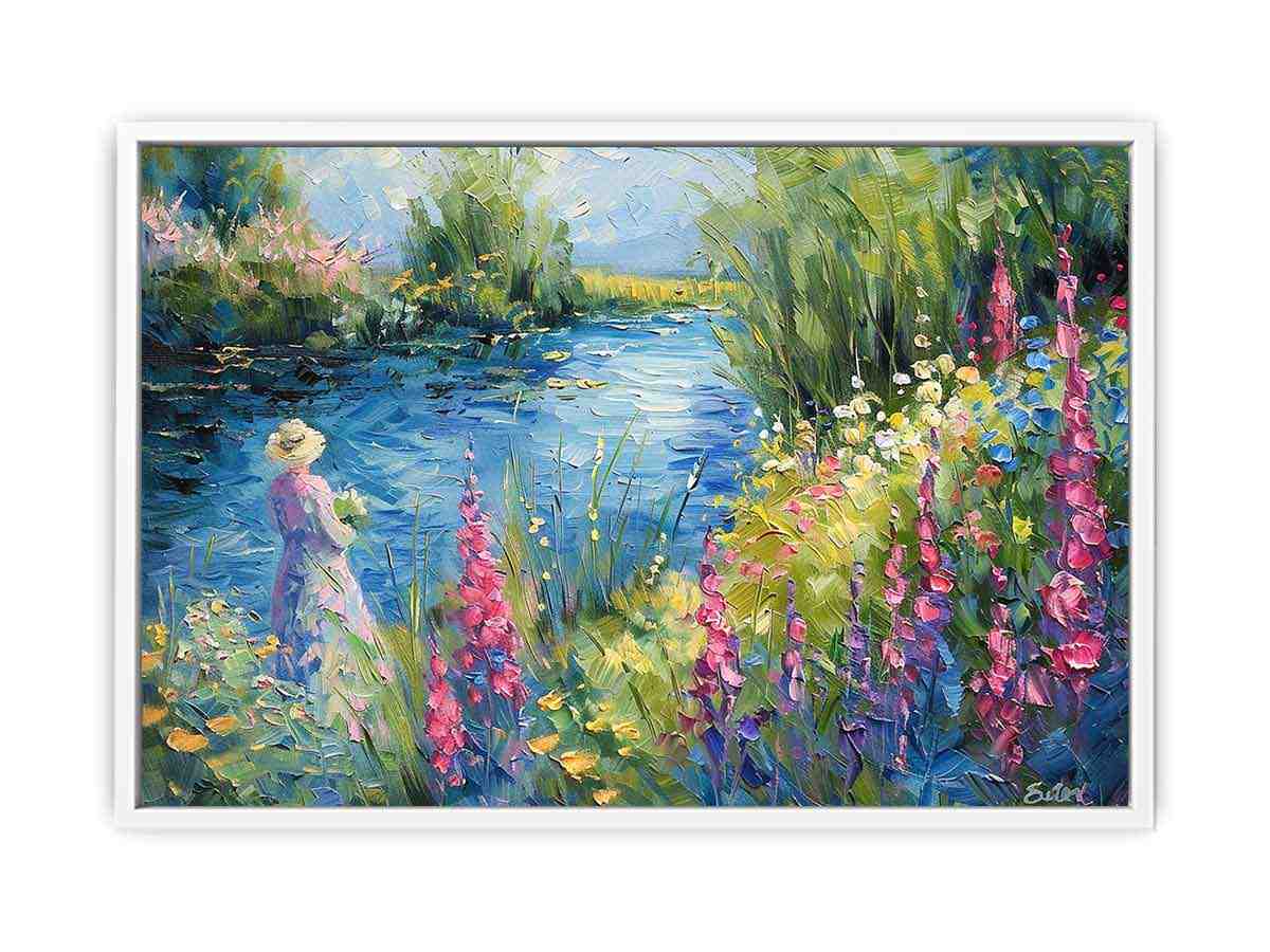Impressionist garden lake with pink flowers and figure for elegant bedroom decor.