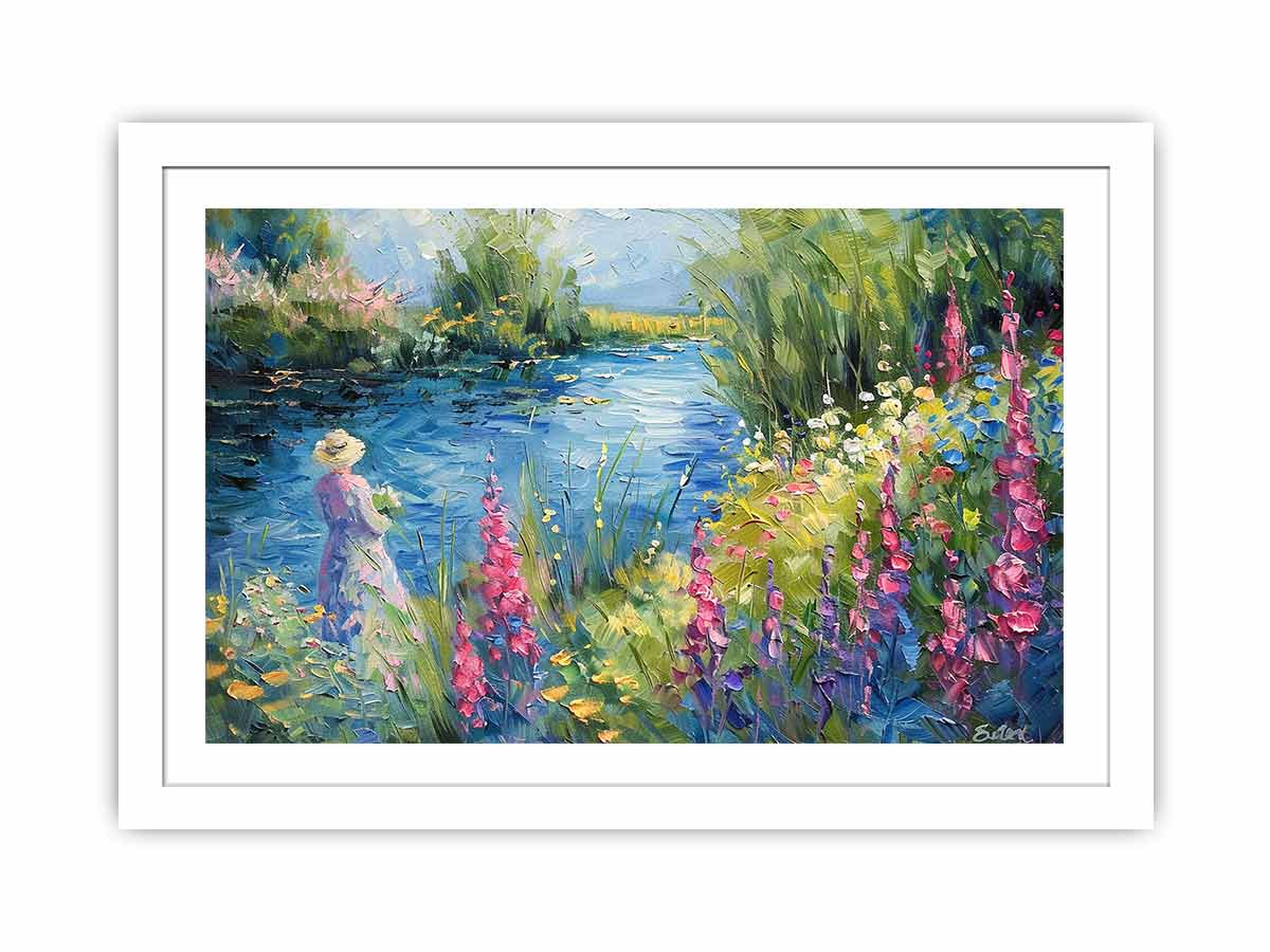 Impressionist garden lake with pink flowers and figure for elegant bedroom decor.