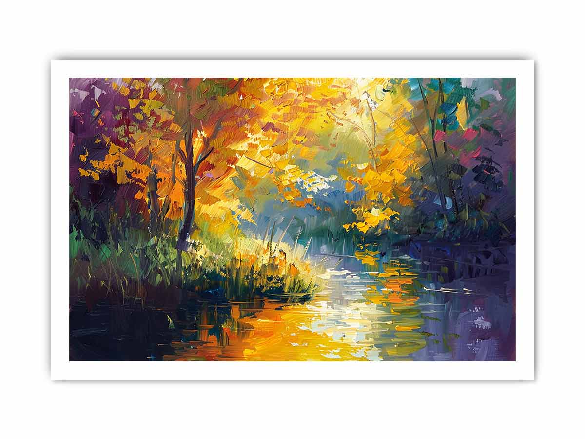Expressionist autumn river with golden trees for bold living room wall art.