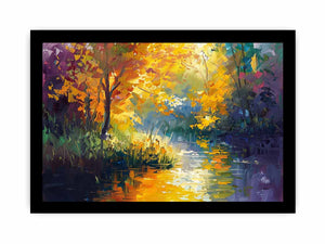 Expressionist autumn river with golden trees for bold living room wall art.