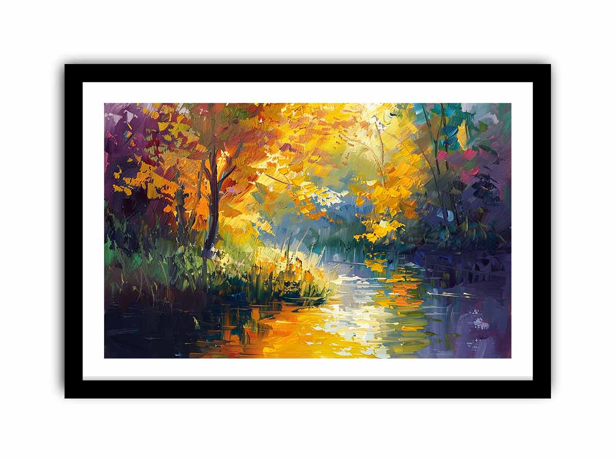 Expressionist autumn river with golden trees for bold living room wall art.