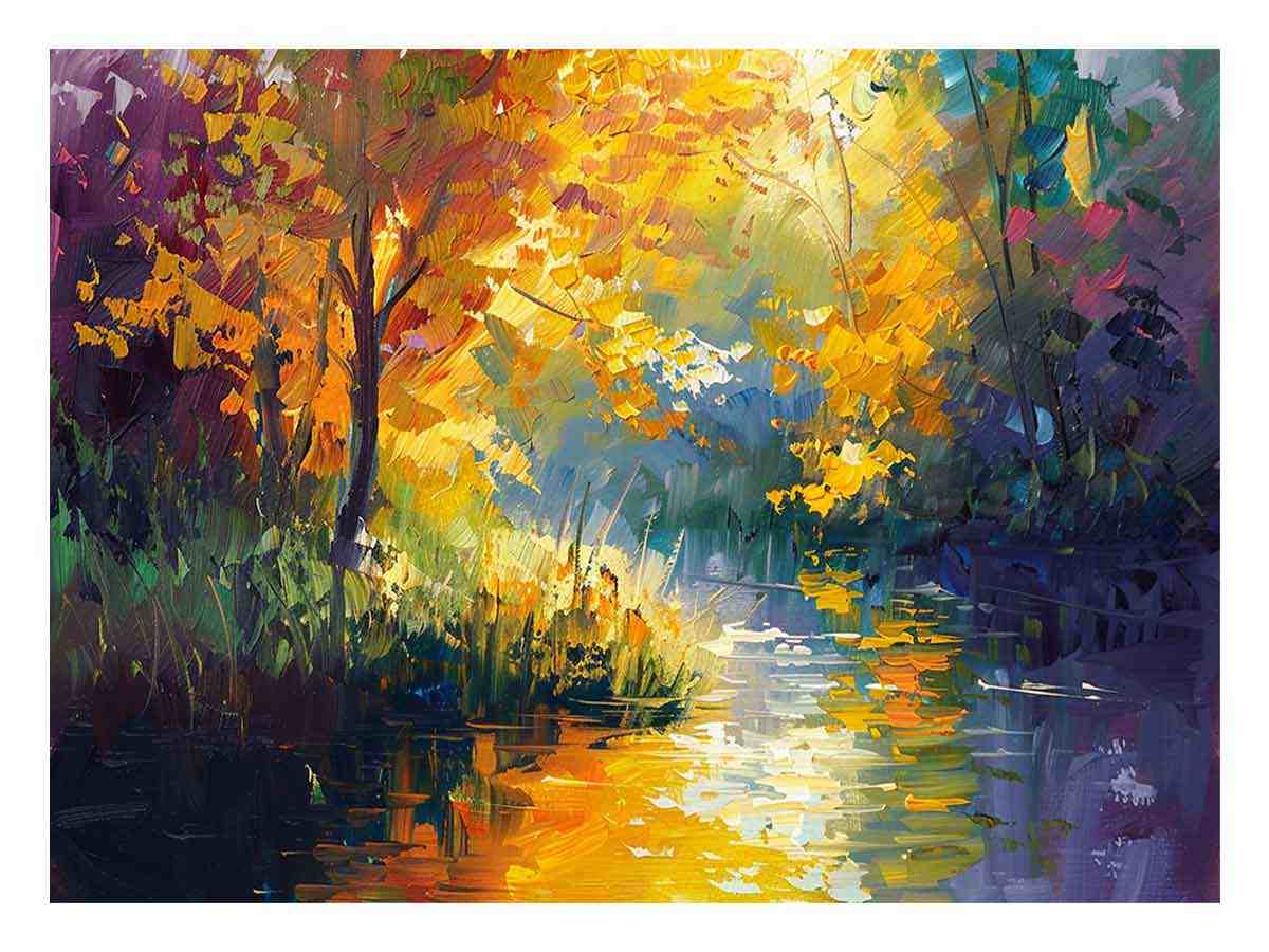 Expressionist autumn river with golden trees for bold living room wall art.