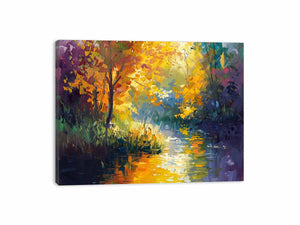 Expressionist autumn river with golden trees for bold living room wall art.