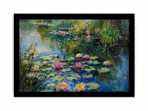 Impressionist water lily pond with reflections for serene bedroom wall art.