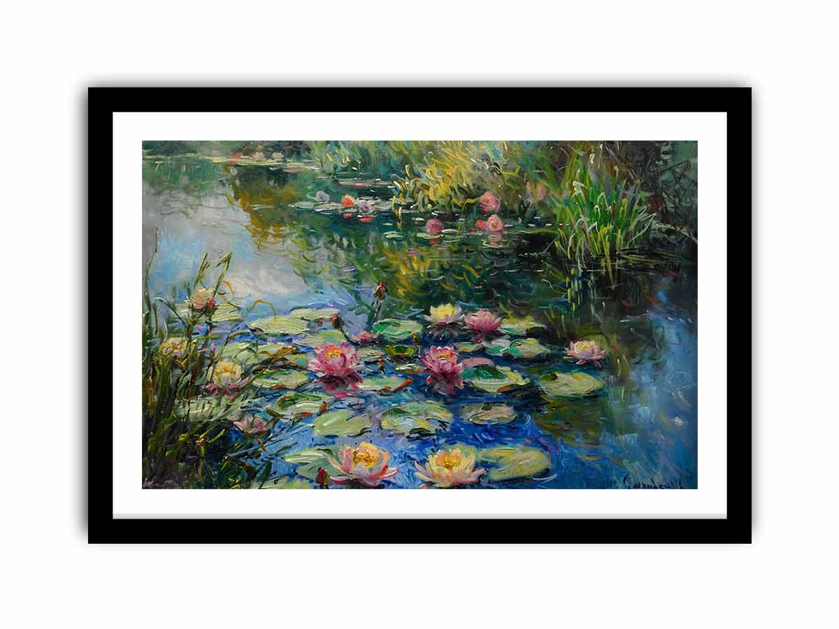 Impressionist water lily pond with reflections for serene bedroom wall art.