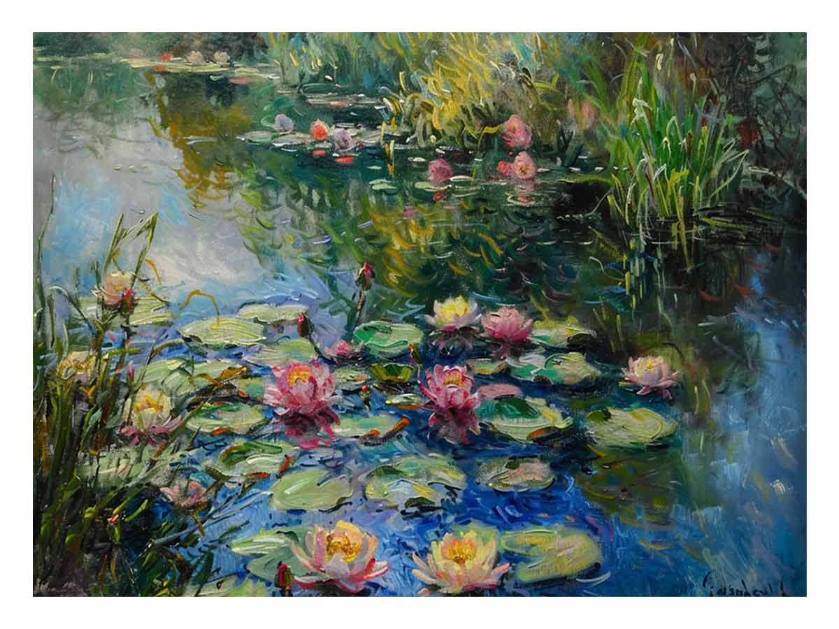 Impressionist water lily pond with reflections for serene bedroom wall art.