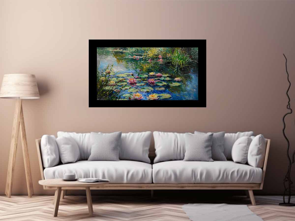 Impressionist water lily pond with reflections for serene bedroom wall art.