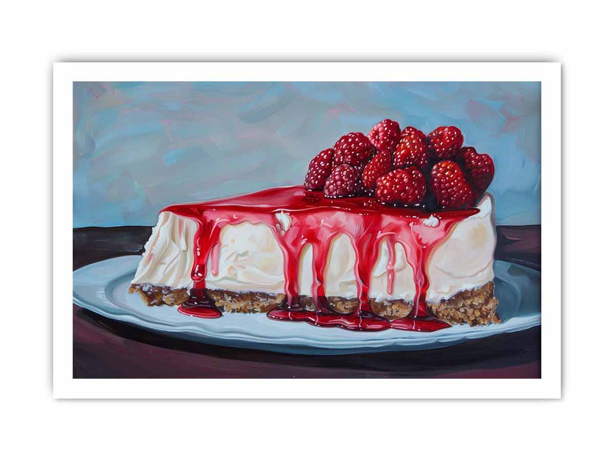Painterly raspberry cheesecake with red glaze for colorful kitchen wall art.