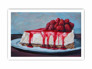 Painterly raspberry cheesecake with red glaze for colorful kitchen wall art.