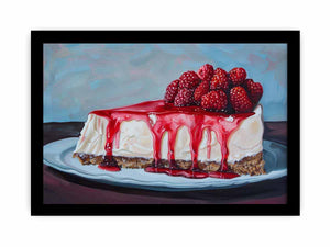 Painterly raspberry cheesecake with red glaze for colorful kitchen wall art.