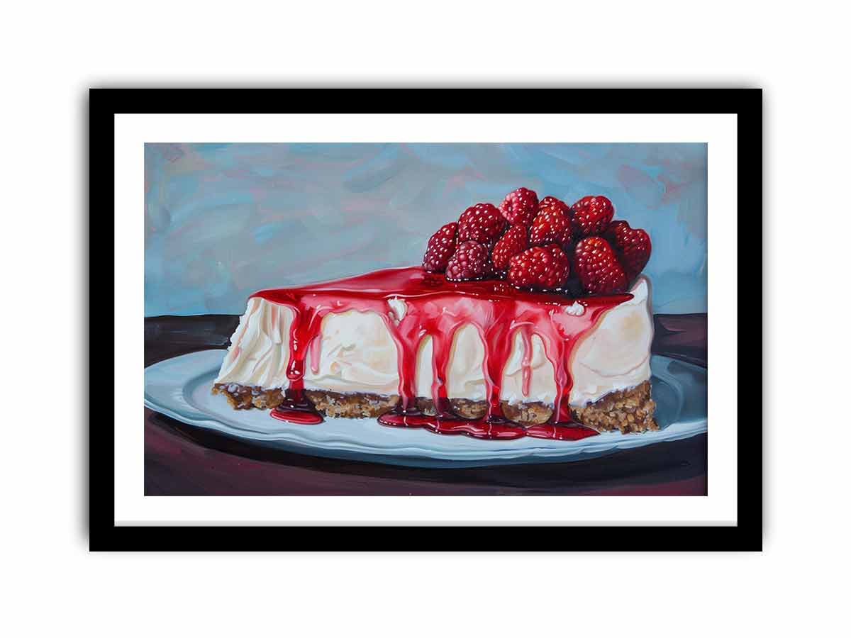 Painterly raspberry cheesecake with red glaze for colorful kitchen wall art.