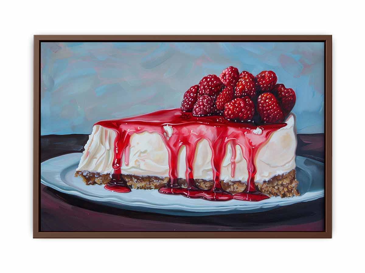 Painterly raspberry cheesecake with red glaze for colorful kitchen wall art.